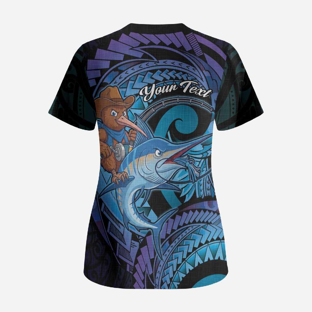 Personalised Blue Marlin Fishing New Zealand Scrub Top NZ Kiwi Cowboy Born To Fish LT14 - Polynesian Pride