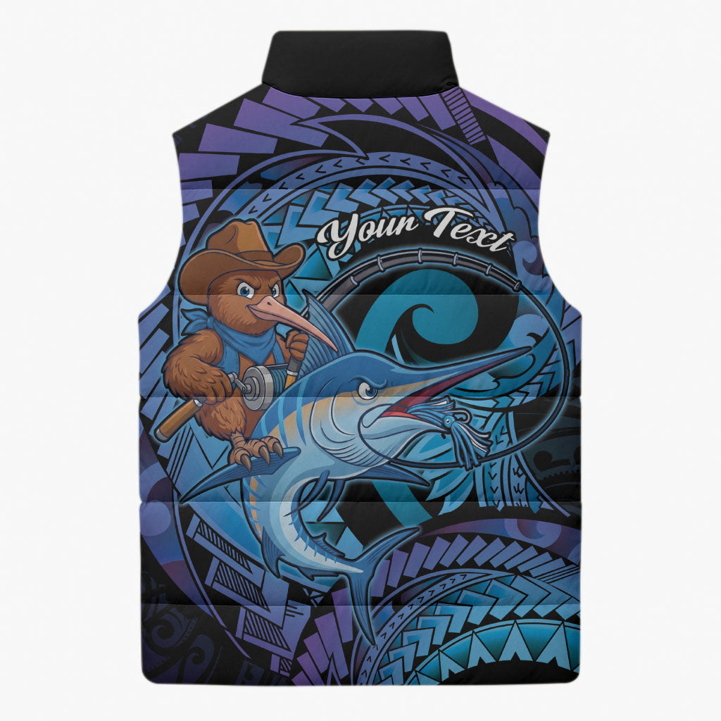 Personalised Blue Marlin Fishing New Zealand Sleeveless Puffer Jacket NZ Kiwi Cowboy Born To Fish