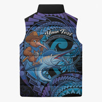 Personalised Blue Marlin Fishing New Zealand Sleeveless Puffer Jacket NZ Kiwi Cowboy Born To Fish