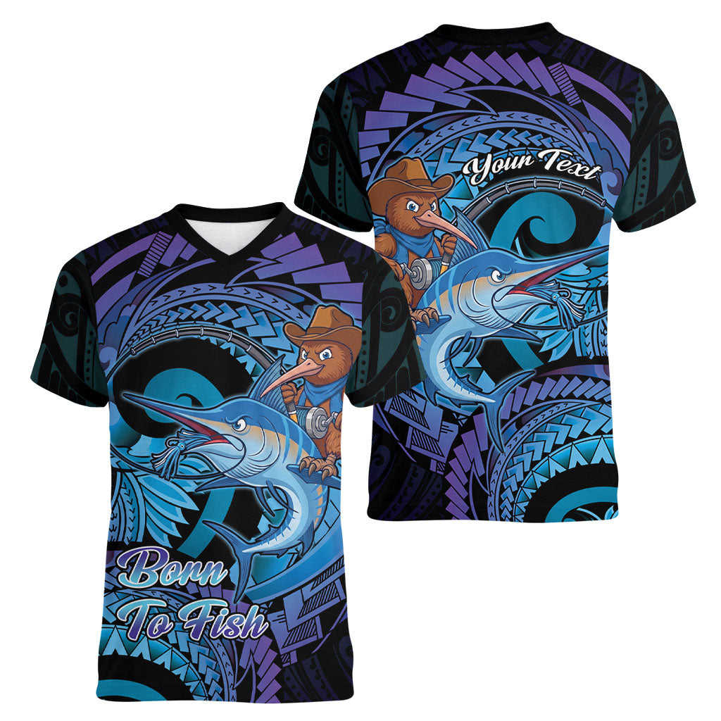 Personalised Blue Marlin Fishing New Zealand Women V-Neck T-Shirt NZ Kiwi Cowboy Born To Fish LT14 - Polynesian Pride