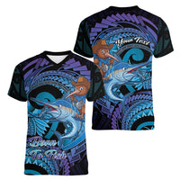 Personalised Blue Marlin Fishing New Zealand Women V-Neck T-Shirt NZ Kiwi Cowboy Born To Fish LT14 - Polynesian Pride