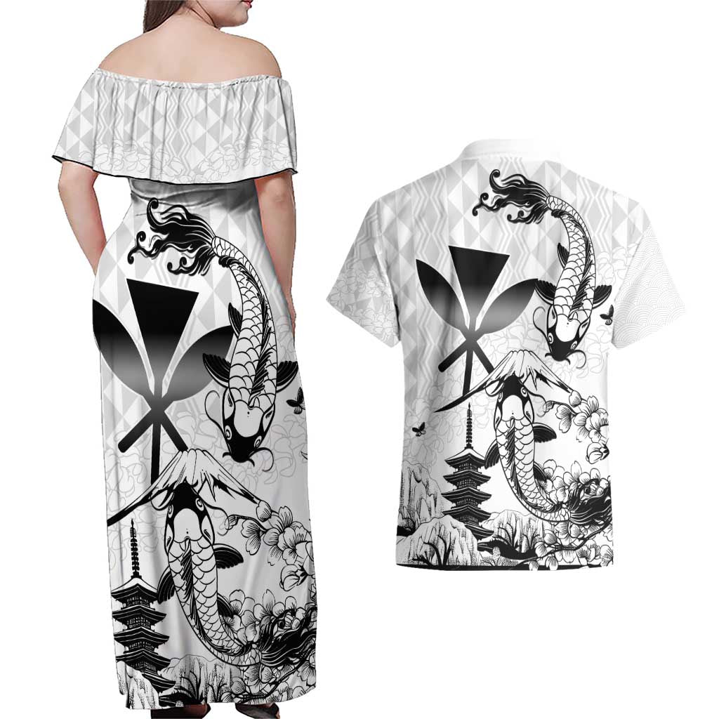 Japan And Hawaii Couples Matching Off Shoulder Maxi Dress and Hawaiian Shirt Sakura Koi Fish Hawaiian Lei Kanaka - Polynesian Pride