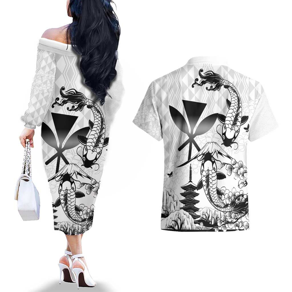 Japan And Hawaii Couples Matching Off The Shoulder Long Sleeve Dress and Hawaiian Shirt Sakura Koi Fish Hawaiian Lei Kanaka LT14 - Polynesian Pride
