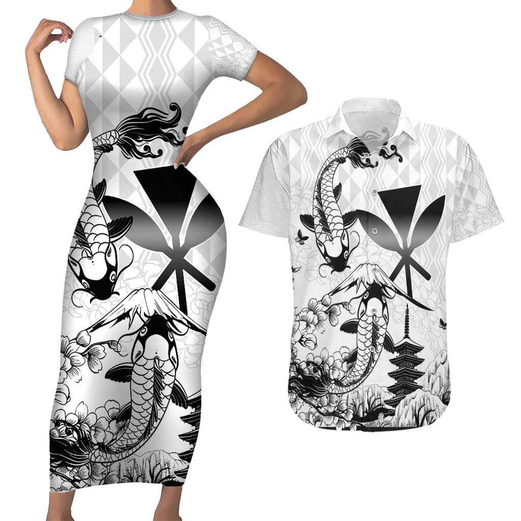 Japan And Hawaii Couples Matching Short Sleeve Bodycon Dress and Hawaiian Shirt Sakura Koi Fish Hawaiian Lei Kanaka LT14 White - Polynesian Pride