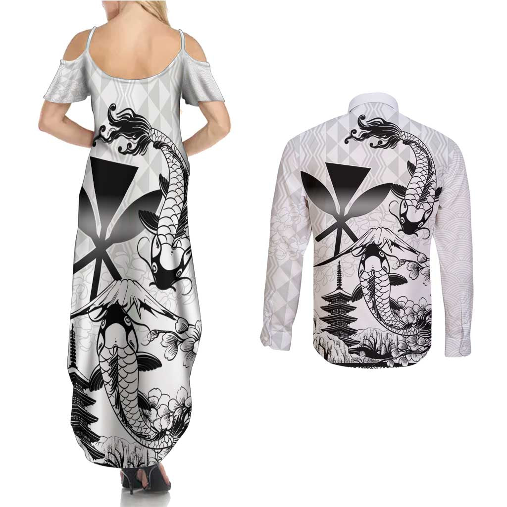 Japan And Hawaii Couples Matching Summer Maxi Dress and Long Sleeve Button Shirt Sakura Koi Fish Hawaiian Lei Kanaka LT14 - Polynesian Pride