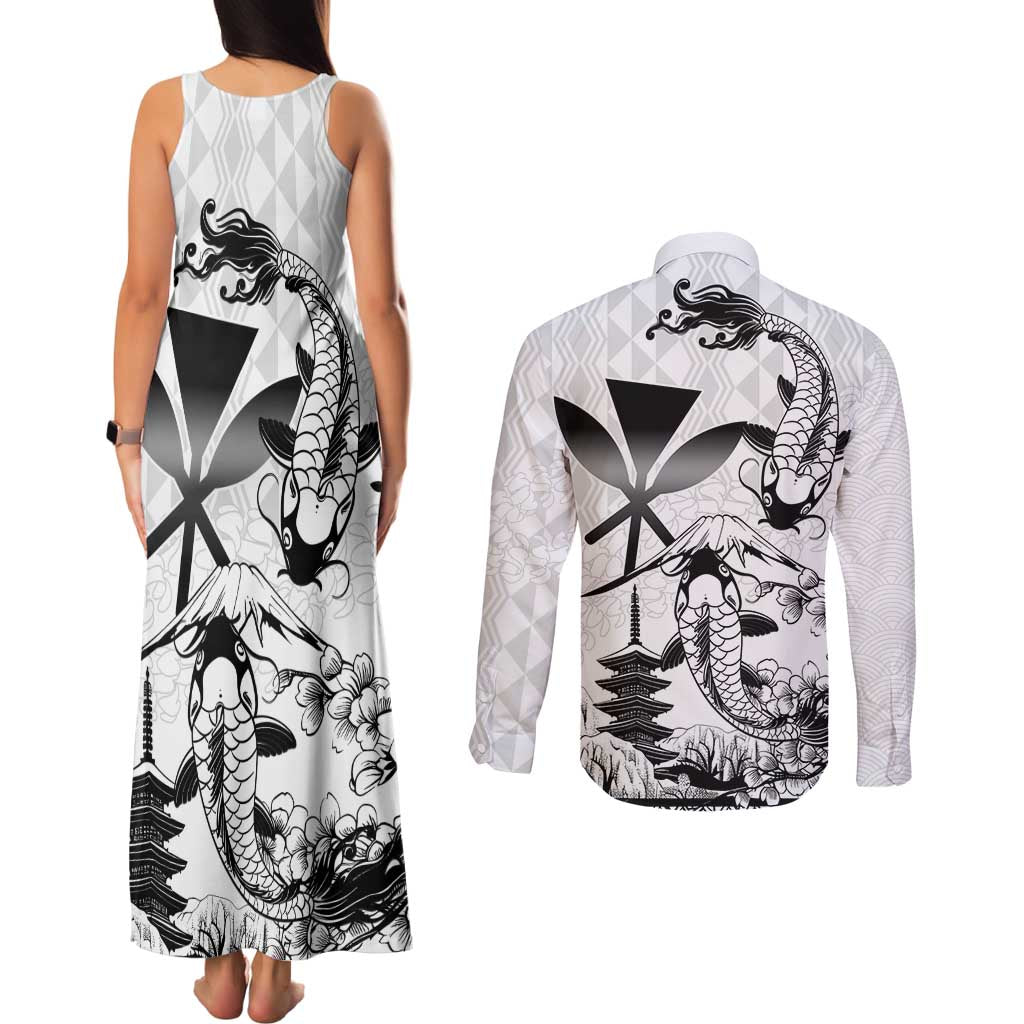 Japan And Hawaii Couples Matching Tank Maxi Dress and Long Sleeve Button Shirt Sakura Koi Fish Hawaiian Lei Kanaka - Polynesian Pride