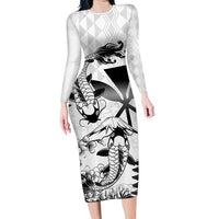 Japan And Hawaii Family Matching Long Sleeve Bodycon Dress and Hawaiian Shirt Sakura Koi Fish Hawaiian Lei Kanaka LT14 Mom's Dress White - Polynesian Pride