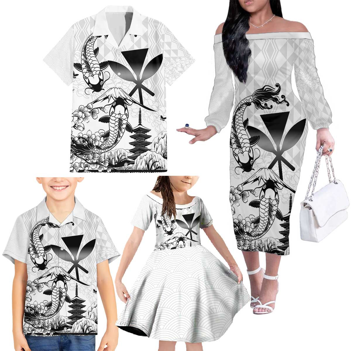 Japan And Hawaii Family Matching Off The Shoulder Long Sleeve Dress and Hawaiian Shirt Sakura Koi Fish Hawaiian Lei Kanaka LT14 - Polynesian Pride