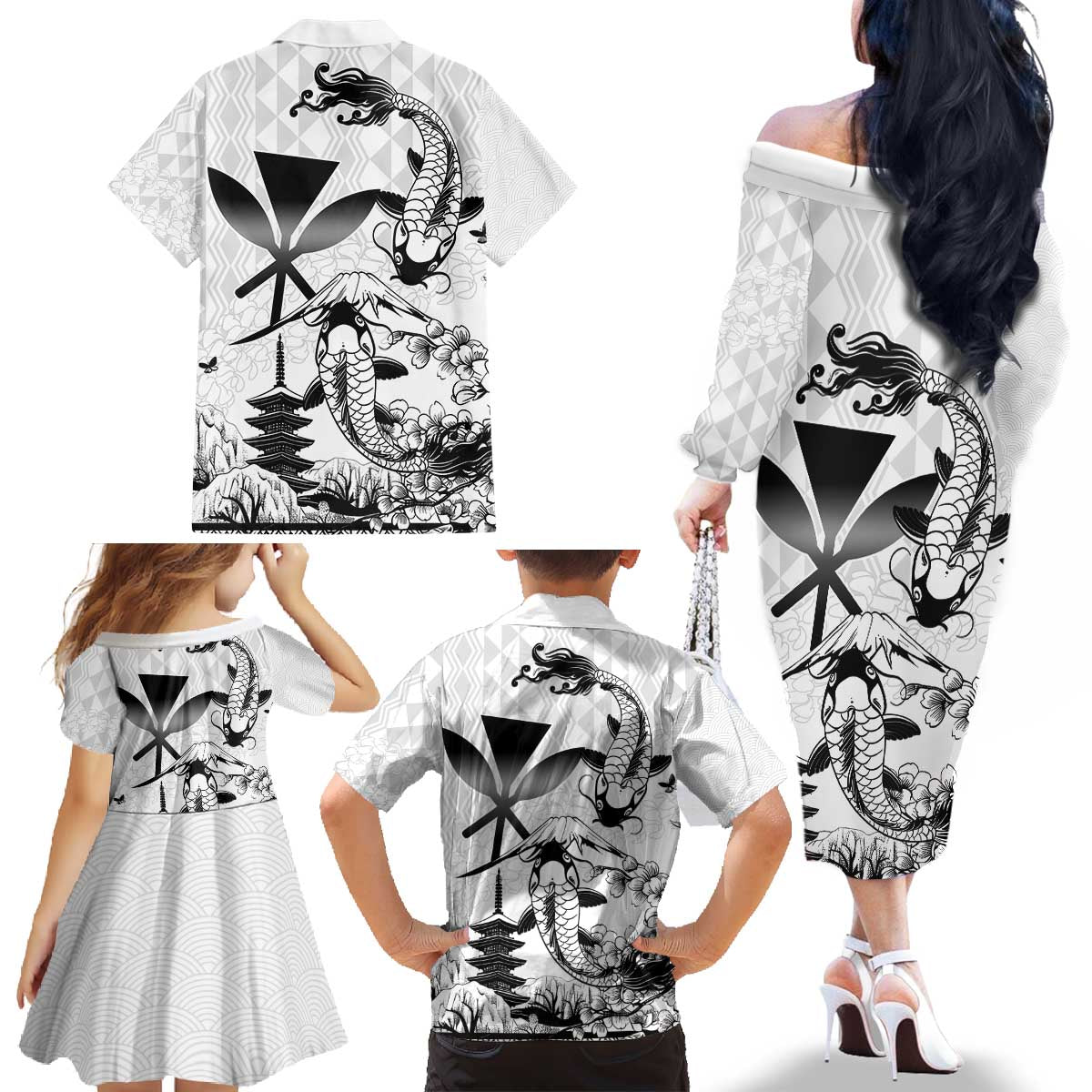 Japan And Hawaii Family Matching Off The Shoulder Long Sleeve Dress and Hawaiian Shirt Sakura Koi Fish Hawaiian Lei Kanaka LT14 - Polynesian Pride