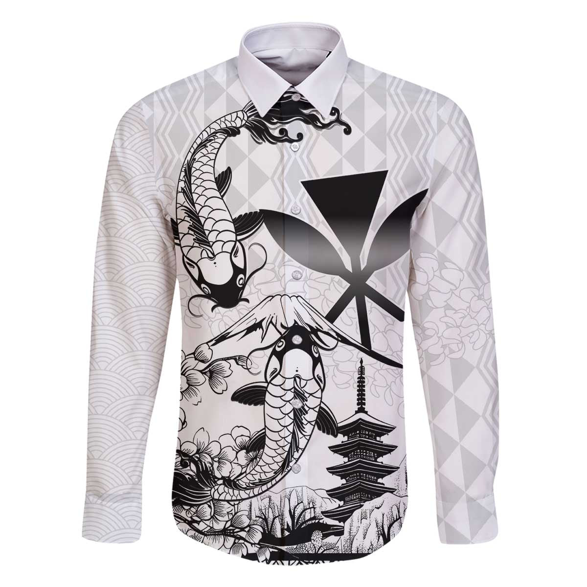 Japan And Hawaii Family Matching Off The Shoulder Long Sleeve Dress and Hawaiian Shirt Sakura Koi Fish Hawaiian Lei Kanaka LT14 Dad's Shirt - Long Sleeve White - Polynesian Pride