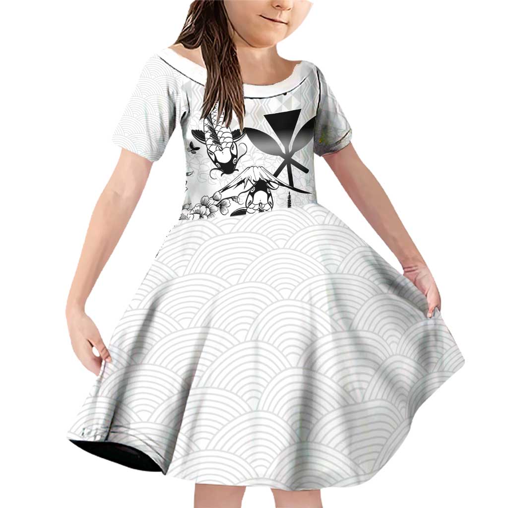 Japan And Hawaii Family Matching Off Shoulder Short Dress and Hawaiian Shirt Sakura Koi Fish Hawaiian Lei Kanaka LT14 Daughter's Dress White - Polynesian Pride