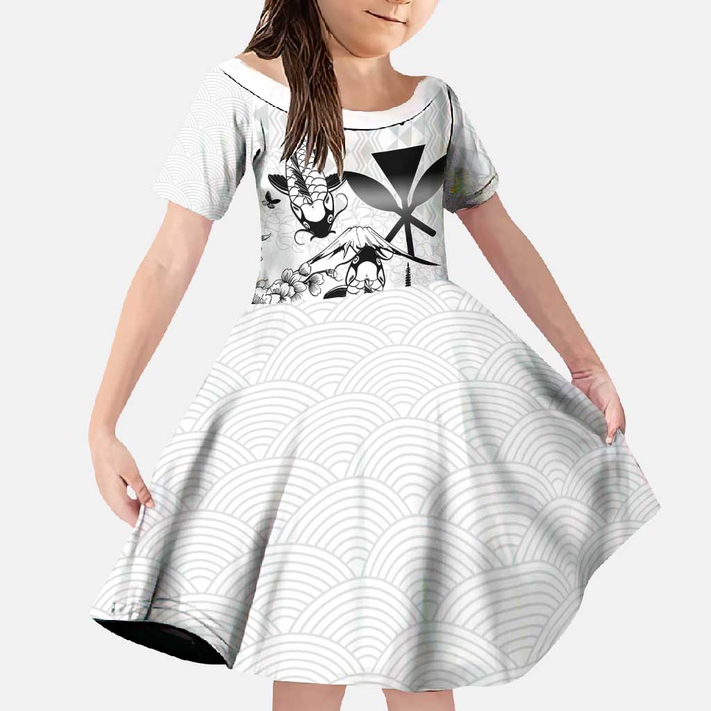 Japan And Hawaii Family Matching Summer Maxi Dress and Hawaiian Shirt Sakura Koi Fish Hawaiian Lei Kanaka LT14 Daughter's Dress White - Polynesian Pride