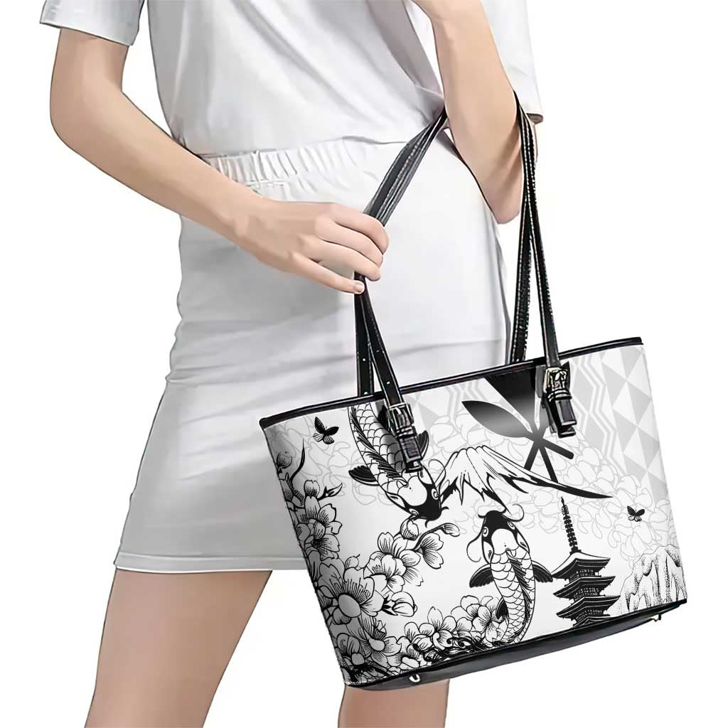 Japan And Hawaii Leather Tote Bag Sakura Koi Fish Hawaiian Lei Kanaka LT14 - Polynesian Pride