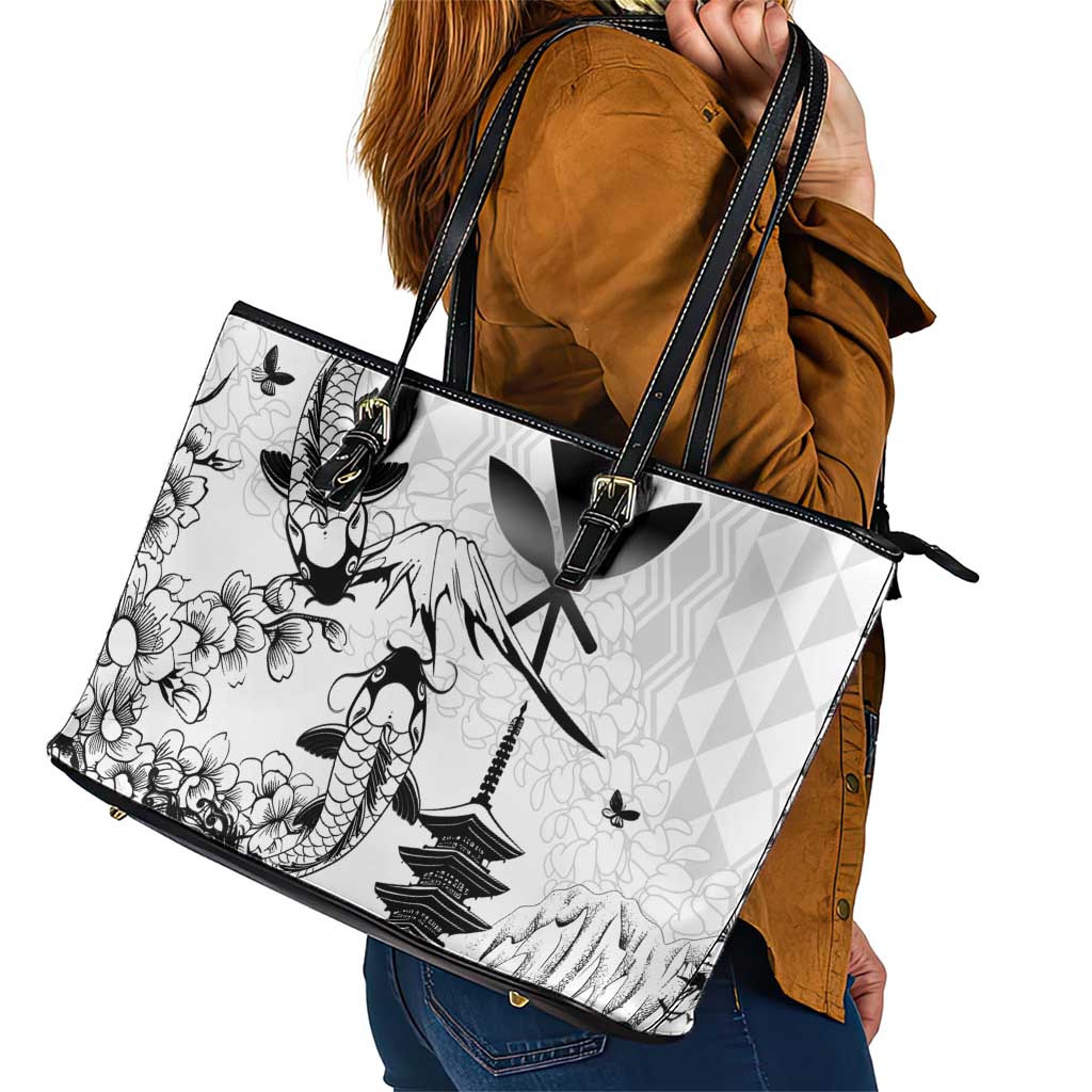 Japan And Hawaii Leather Tote Bag Sakura Koi Fish Hawaiian Lei Kanaka LT14 - Polynesian Pride