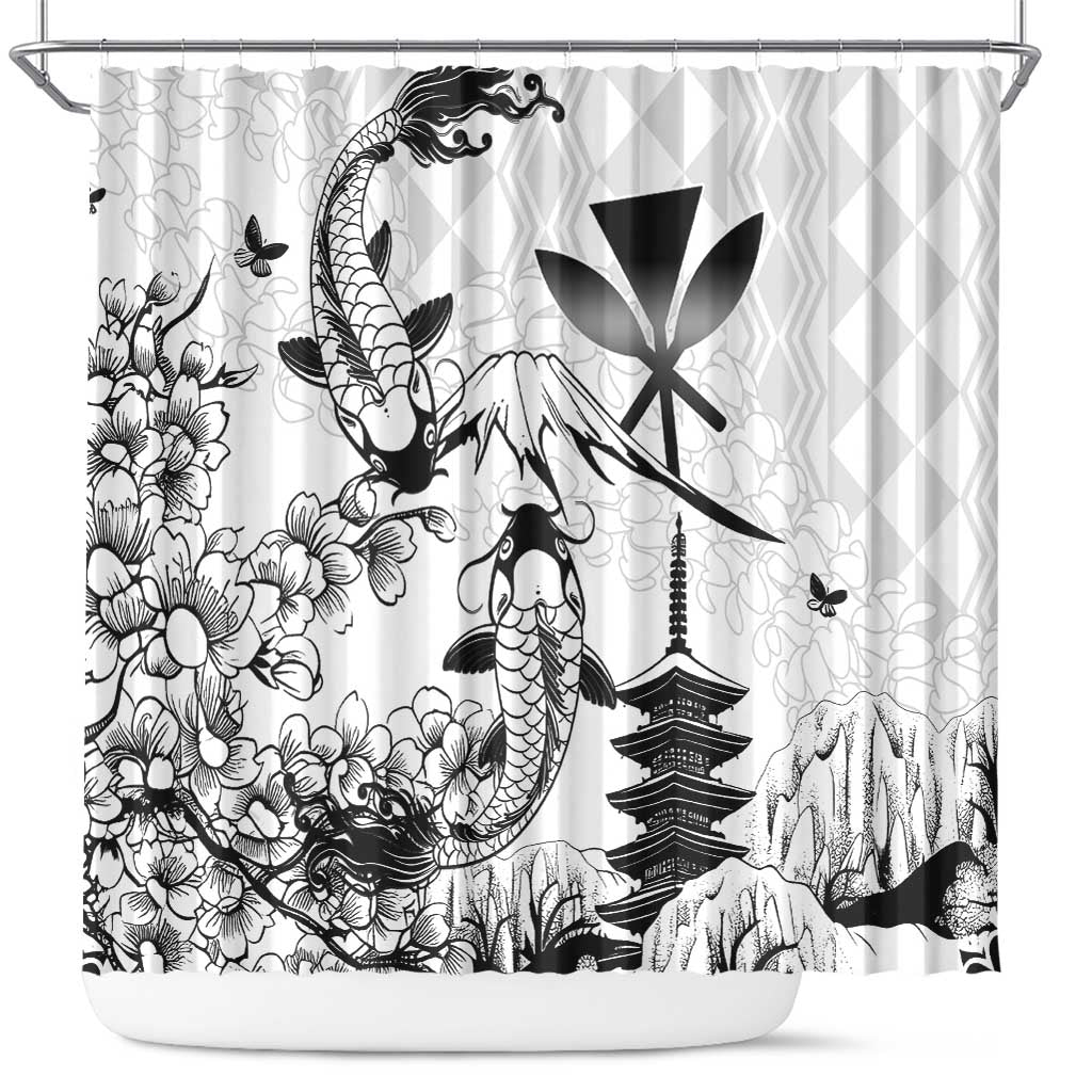 Japan And Hawaii Shower Curtain Sakura Koi Fish Hawaiian Lei Kanaka LT14 White - Polynesian Pride