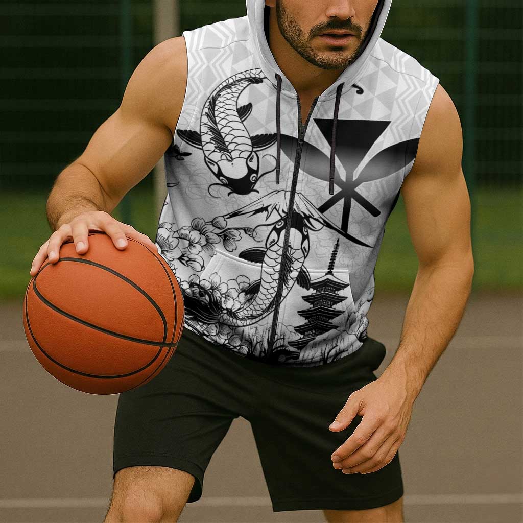 Japan And Hawaii Sleeveless Zip Hoodie Sakura Koi Fish Hawaiian Lei Kanaka - Polynesian Pride
