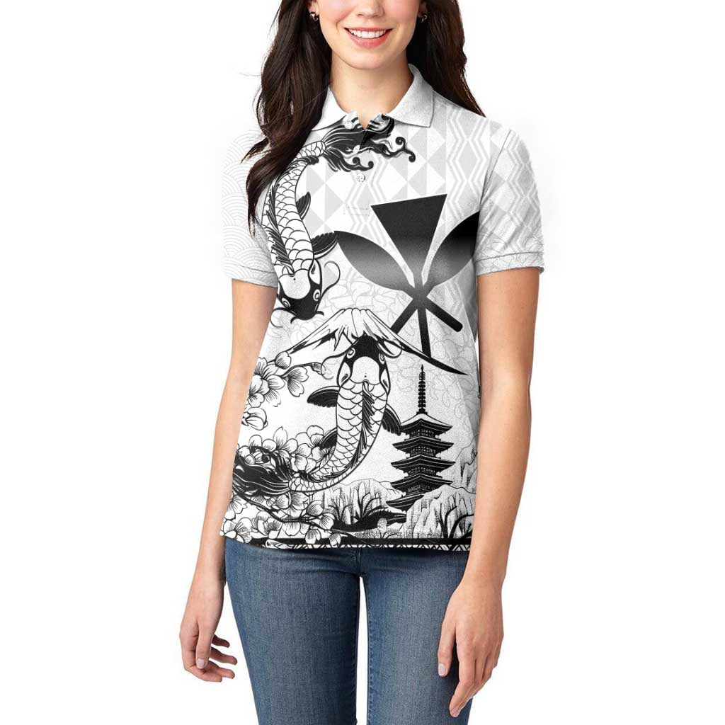 Japan And Hawaii Women Polo Shirt Sakura Koi Fish Hawaiian Lei Kanaka - Polynesian Pride
