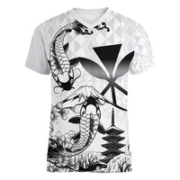 Japan And Hawaii Women V-Neck T-Shirt Sakura Koi Fish Hawaiian Lei Kanaka - Polynesian Pride