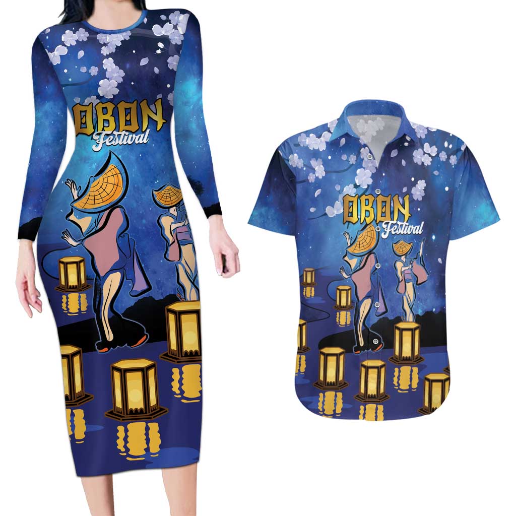 Japan Obon Festival Couples Matching Long Sleeve Bodycon Dress and Hawaiian Shirt Sakura Lanterns With Bon Dance LT14 Blue - Polynesian Pride