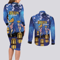 Japan Obon Festival Couples Matching Long Sleeve Bodycon Dress and Long Sleeve Button Shirt Sakura Lanterns With Bon Dance - Polynesian Pride
