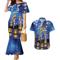 Japan Obon Festival Couples Matching Mermaid Dress and Hawaiian Shirt Sakura Lanterns With Bon Dance - Polynesian Pride