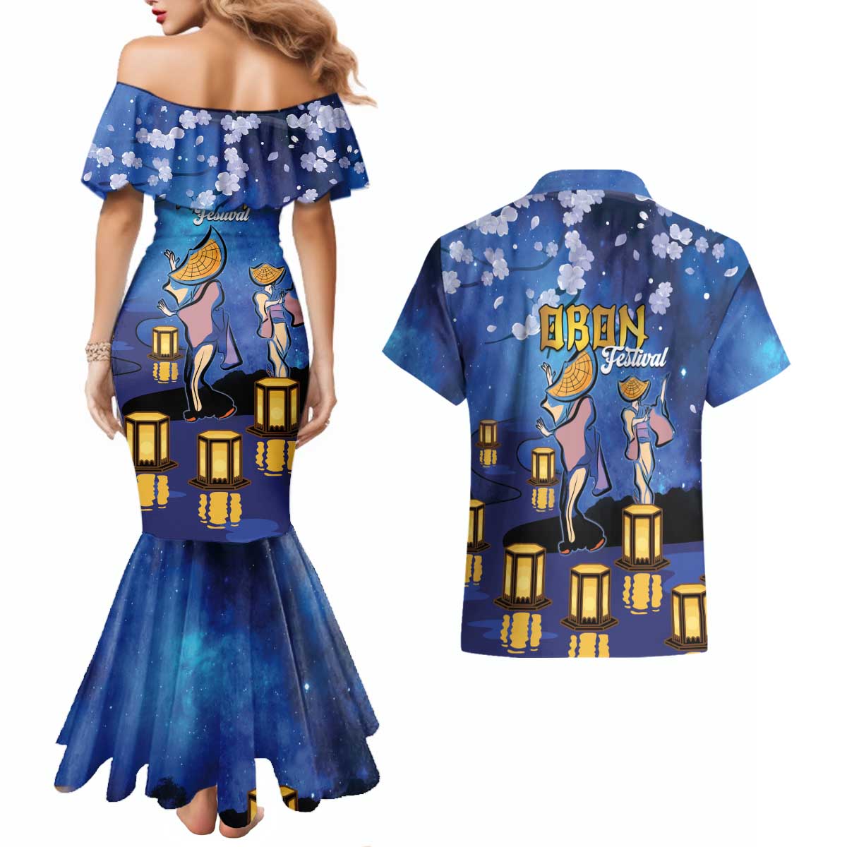 Japan Obon Festival Couples Matching Mermaid Dress and Hawaiian Shirt Sakura Lanterns With Bon Dance - Polynesian Pride