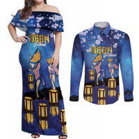 Japan Obon Festival Couples Matching Off Shoulder Maxi Dress and Long Sleeve Button Shirt Sakura Lanterns With Bon Dance - Polynesian Pride