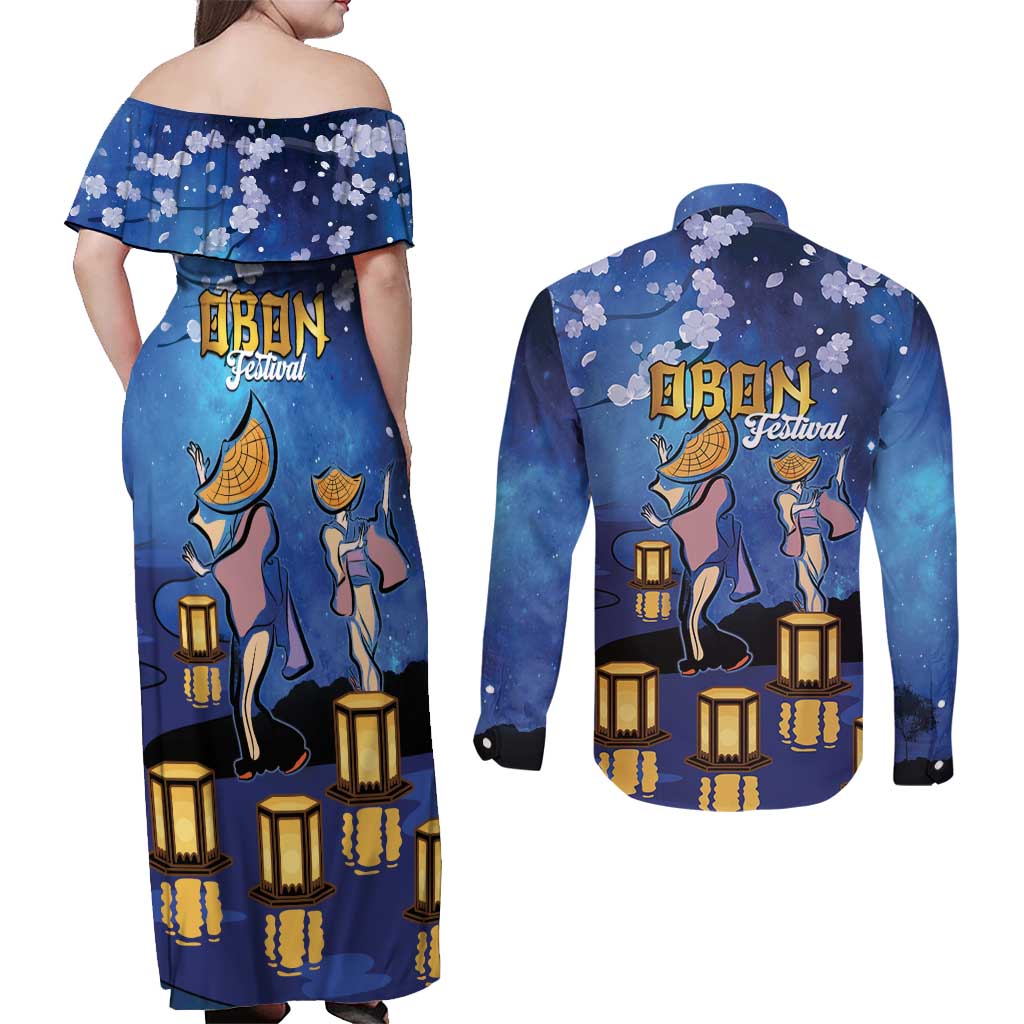 Japan Obon Festival Couples Matching Off Shoulder Maxi Dress and Long Sleeve Button Shirt Sakura Lanterns With Bon Dance - Polynesian Pride