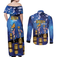 Japan Obon Festival Couples Matching Off Shoulder Maxi Dress and Long Sleeve Button Shirt Sakura Lanterns With Bon Dance - Polynesian Pride