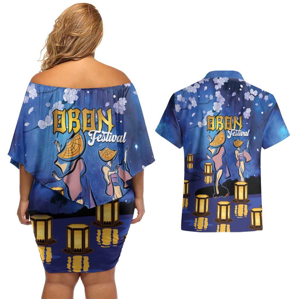 Japan Obon Festival Couples Matching Off Shoulder Short Dress and Hawaiian Shirt Sakura Lanterns With Bon Dance - Polynesian Pride