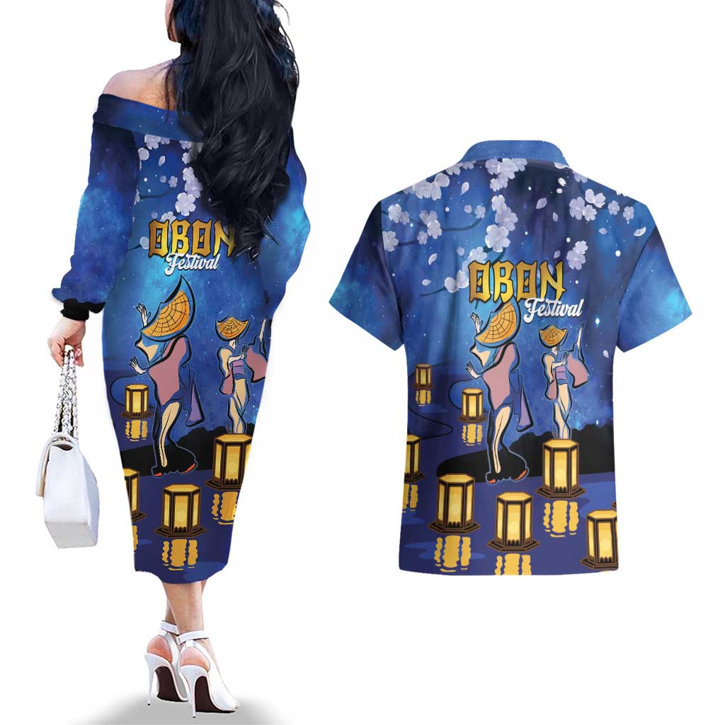 Japan Obon Festival Couples Matching Off The Shoulder Long Sleeve Dress and Hawaiian Shirt Sakura Lanterns With Bon Dance LT14 - Polynesian Pride