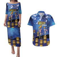 Japan Obon Festival Couples Matching Puletasi and Hawaiian Shirt Sakura Lanterns With Bon Dance - Polynesian Pride