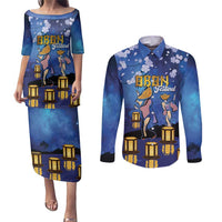 Japan Obon Festival Couples Matching Puletasi and Long Sleeve Button Shirt Sakura Lanterns With Bon Dance - Polynesian Pride
