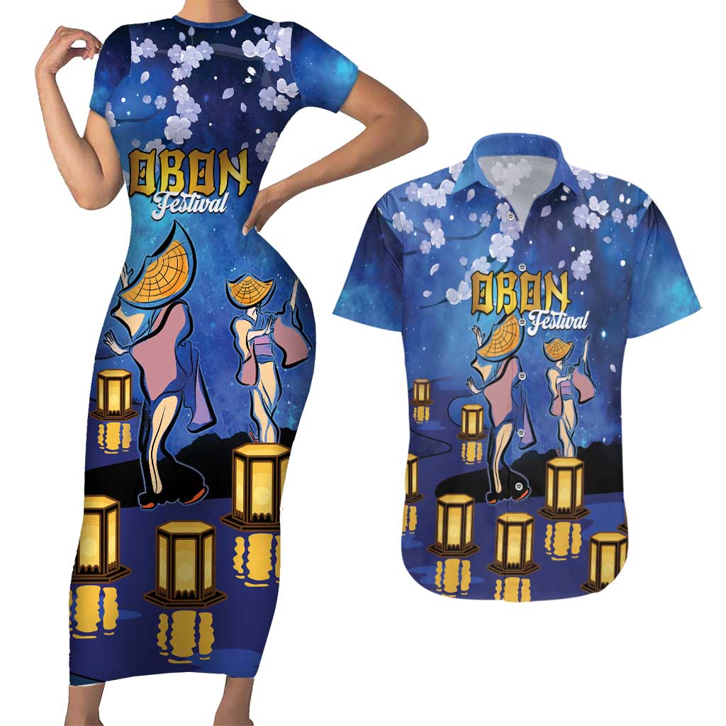 Japan Obon Festival Couples Matching Short Sleeve Bodycon Dress and Hawaiian Shirt Sakura Lanterns With Bon Dance LT14 Blue - Polynesian Pride