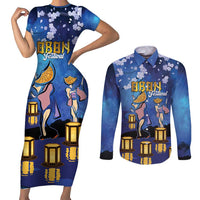 Japan Obon Festival Couples Matching Short Sleeve Bodycon Dress and Long Sleeve Button Shirt Sakura Lanterns With Bon Dance - Polynesian Pride