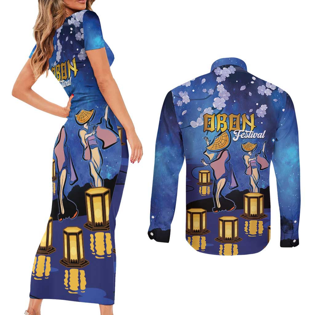 Japan Obon Festival Couples Matching Short Sleeve Bodycon Dress and Long Sleeve Button Shirt Sakura Lanterns With Bon Dance - Polynesian Pride