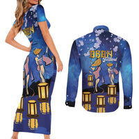 Japan Obon Festival Couples Matching Short Sleeve Bodycon Dress and Long Sleeve Button Shirt Sakura Lanterns With Bon Dance - Polynesian Pride