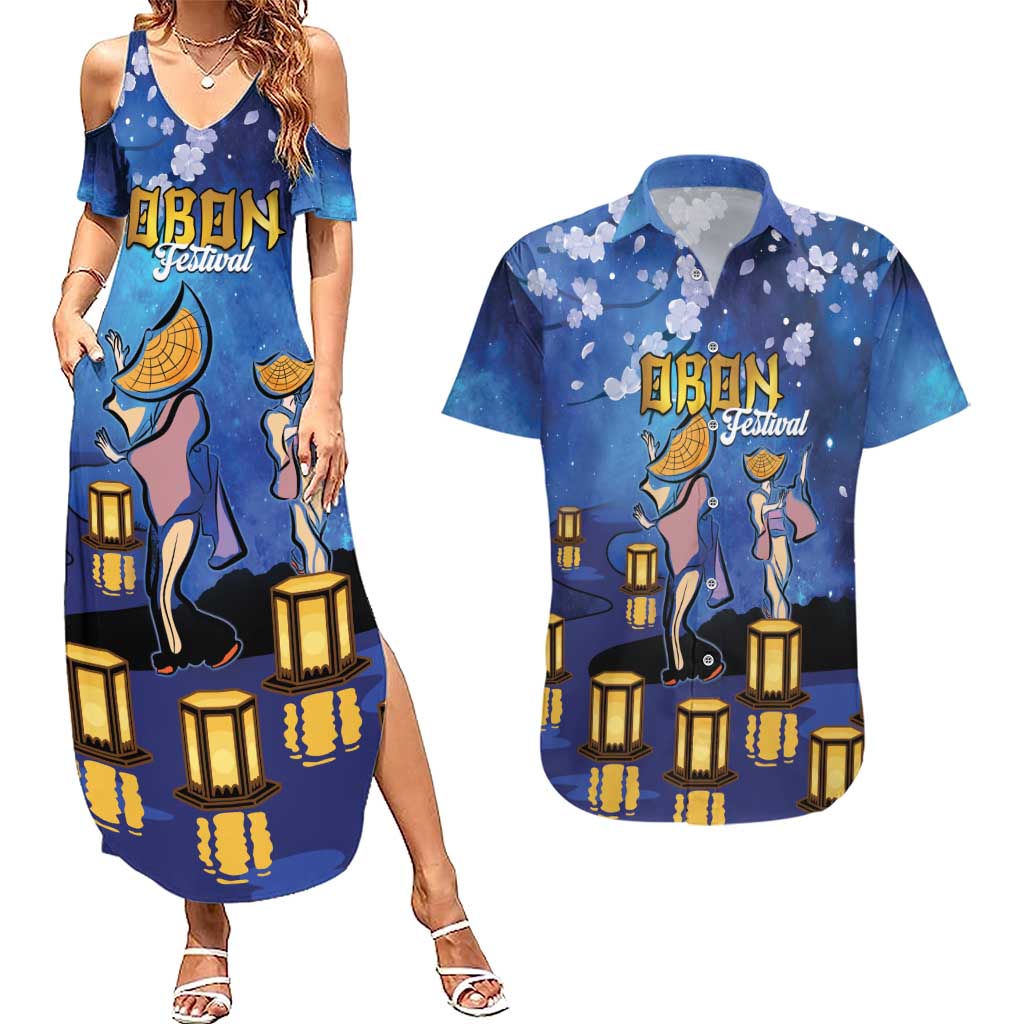 Japan Obon Festival Couples Matching Summer Maxi Dress and Hawaiian Shirt Sakura Lanterns With Bon Dance - Polynesian Pride