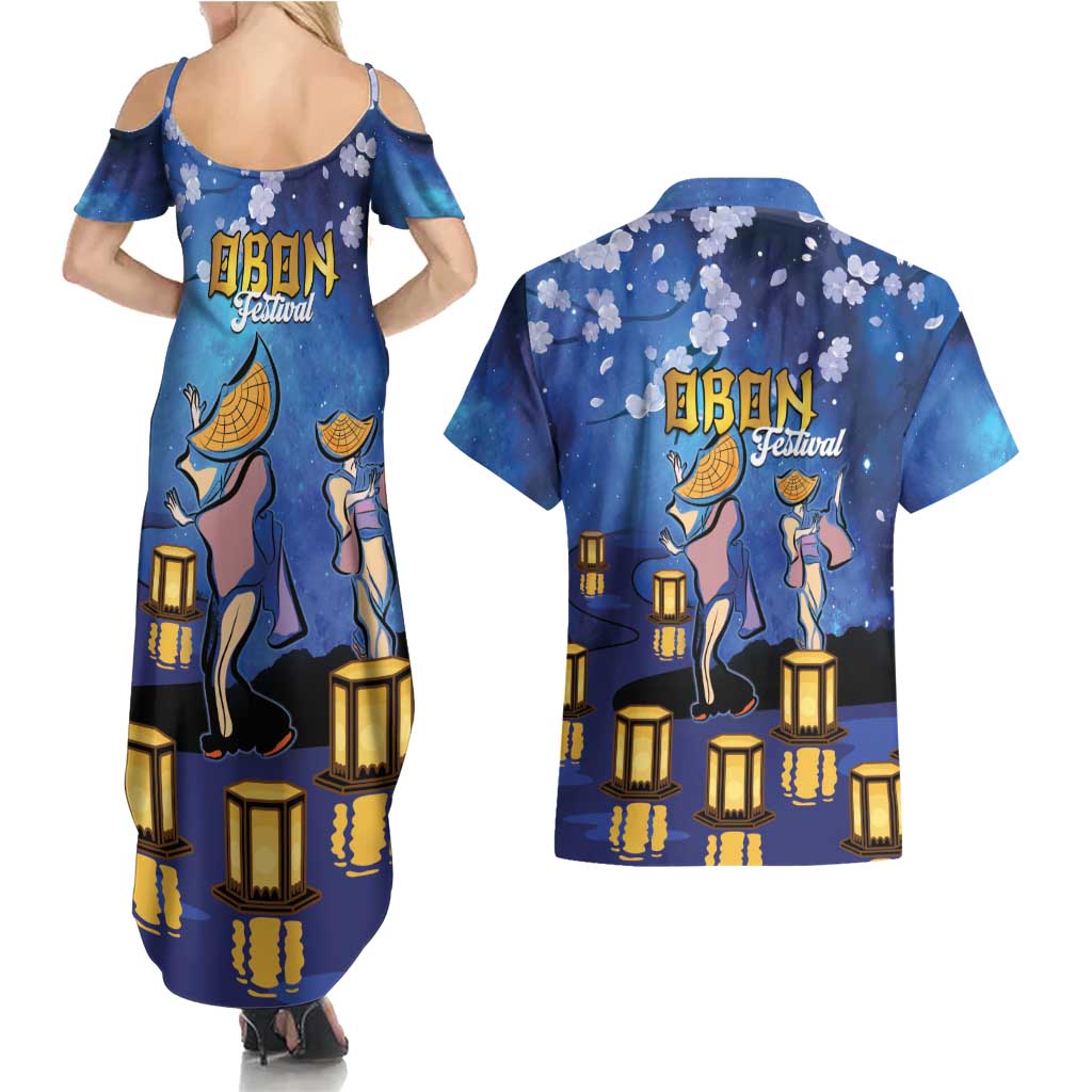 Japan Obon Festival Couples Matching Summer Maxi Dress and Hawaiian Shirt Sakura Lanterns With Bon Dance - Polynesian Pride