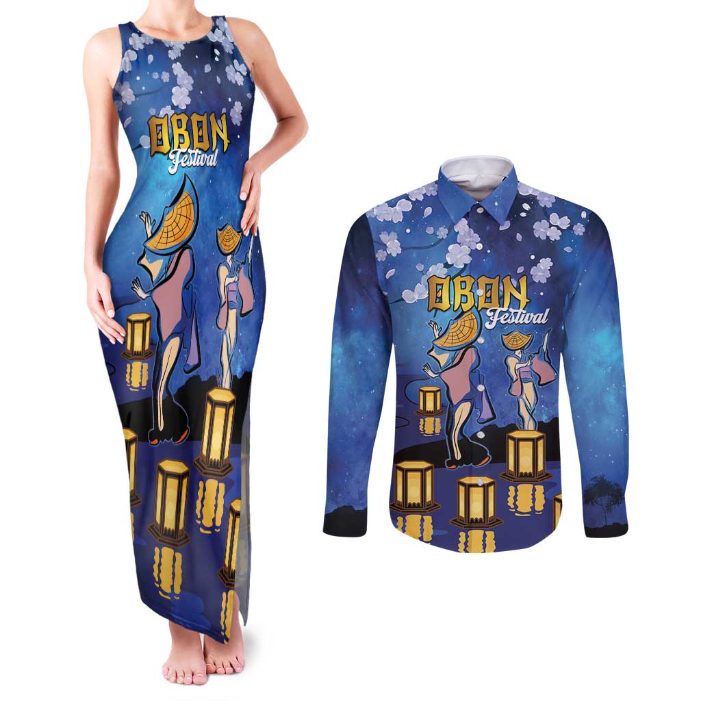 Japan Obon Festival Couples Matching Tank Maxi Dress and Long Sleeve Button Shirt Sakura Lanterns With Bon Dance - Polynesian Pride