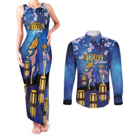 Japan Obon Festival Couples Matching Tank Maxi Dress and Long Sleeve Button Shirt Sakura Lanterns With Bon Dance - Polynesian Pride