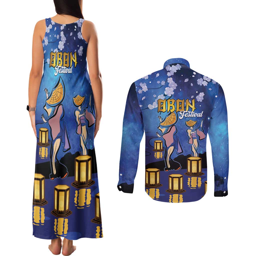 Japan Obon Festival Couples Matching Tank Maxi Dress and Long Sleeve Button Shirt Sakura Lanterns With Bon Dance - Polynesian Pride