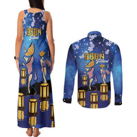 Japan Obon Festival Couples Matching Tank Maxi Dress and Long Sleeve Button Shirt Sakura Lanterns With Bon Dance - Polynesian Pride