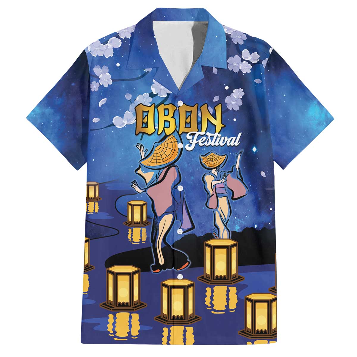 Japan Obon Festival Family Matching Off The Shoulder Long Sleeve Dress and Hawaiian Shirt Sakura Lanterns With Bon Dance LT14 Dad's Shirt - Short Sleeve Blue - Polynesian Pride