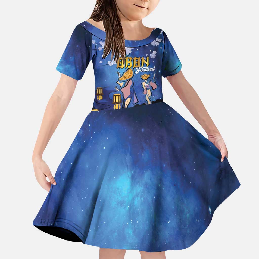 Japan Obon Festival Family Matching Off Shoulder Maxi Dress and Hawaiian Shirt Sakura Lanterns With Bon Dance LT14 Daughter's Dress Blue - Polynesian Pride