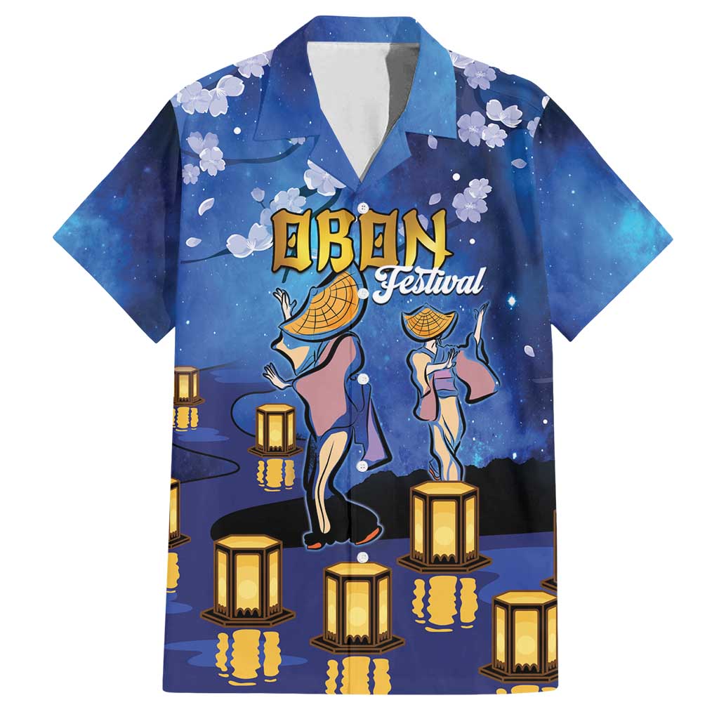 Japan Obon Festival Family Matching Off Shoulder Short Dress and Hawaiian Shirt Sakura Lanterns With Bon Dance LT14 Dad's Shirt - Short Sleeve Blue - Polynesian Pride