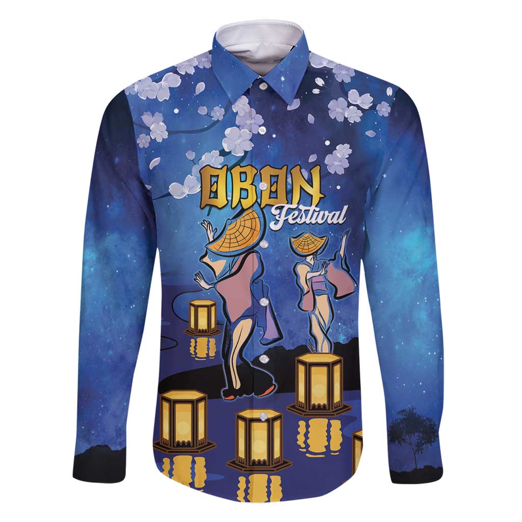 Japan Obon Festival Family Matching Summer Maxi Dress and Hawaiian Shirt Sakura Lanterns With Bon Dance LT14 Dad's Shirt - Long Sleeve Blue - Polynesian Pride