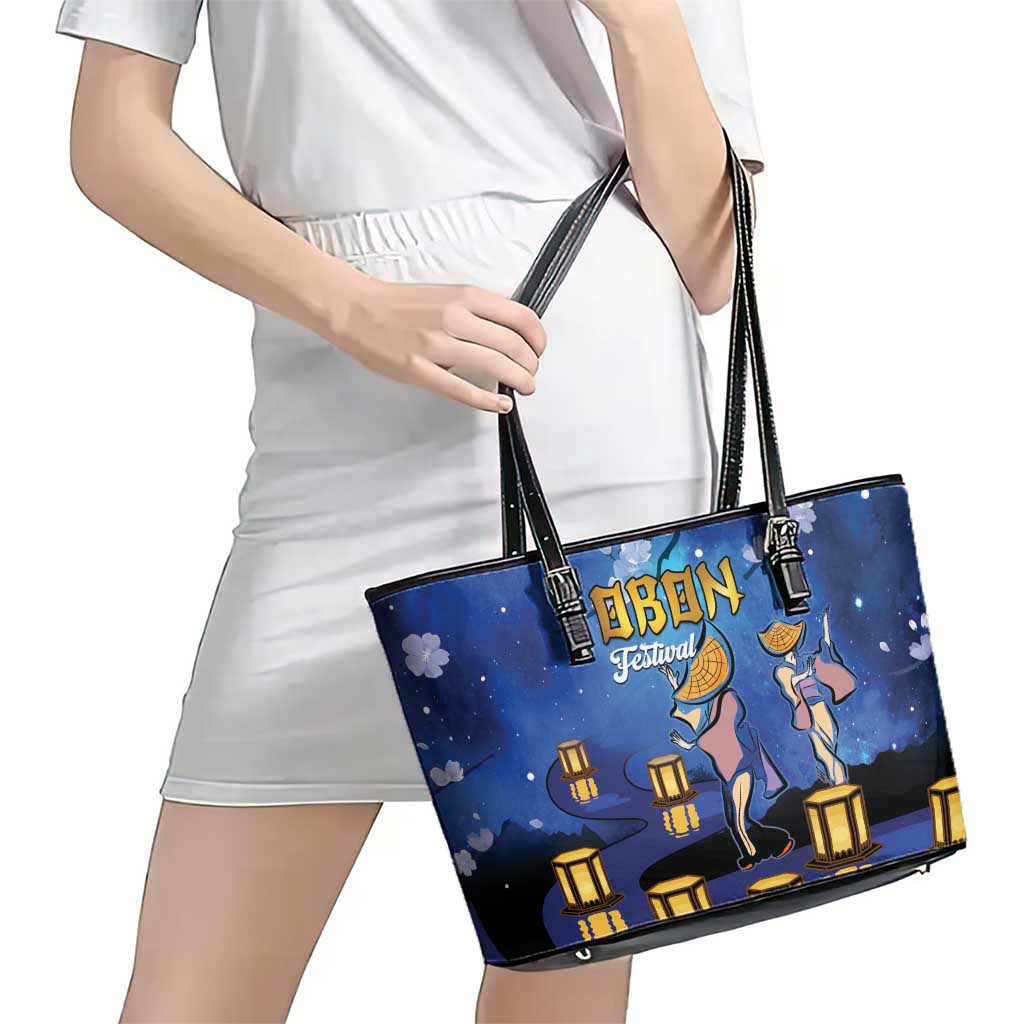 Japan Obon Festival Leather Tote Bag Sakura Lanterns With Bon Dance - Polynesian Pride