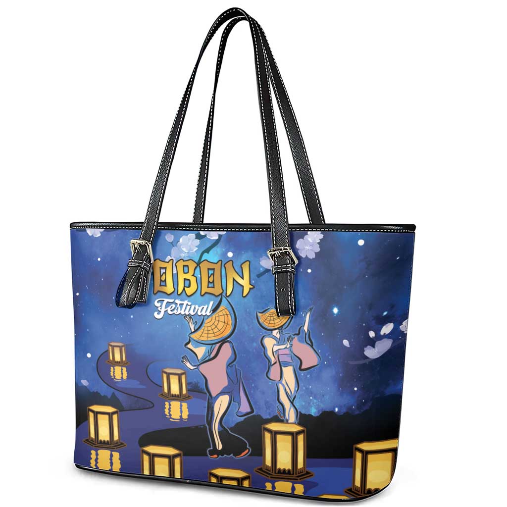 Japan Obon Festival Leather Tote Bag Sakura Lanterns With Bon Dance - Polynesian Pride