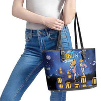 Japan Obon Festival Leather Tote Bag Sakura Lanterns With Bon Dance - Polynesian Pride